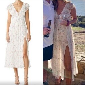 HEMANT & NANDITA Womens Size Medium Blush Floral Midi Dress Feminine Ruffle Tie